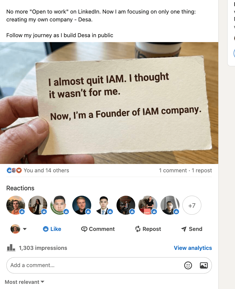 LinkedIn post with 1.3K impressions